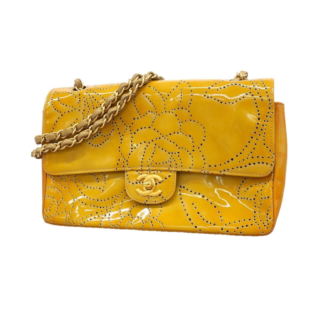 Chanel Shoulder Bag, Double Chain, Perforated Patent Leather, Yellow, Women's: --- Catalog ---Category: SizeSize (HxWxD): 17cm x 25cm x 6.5cm / 6.69'' x 9.84'' x 2.55''Category: DesignType: Shoulder bagColor: YellowGender: WomenMaterial: Patent leather Hardware Color: GoldCatego
