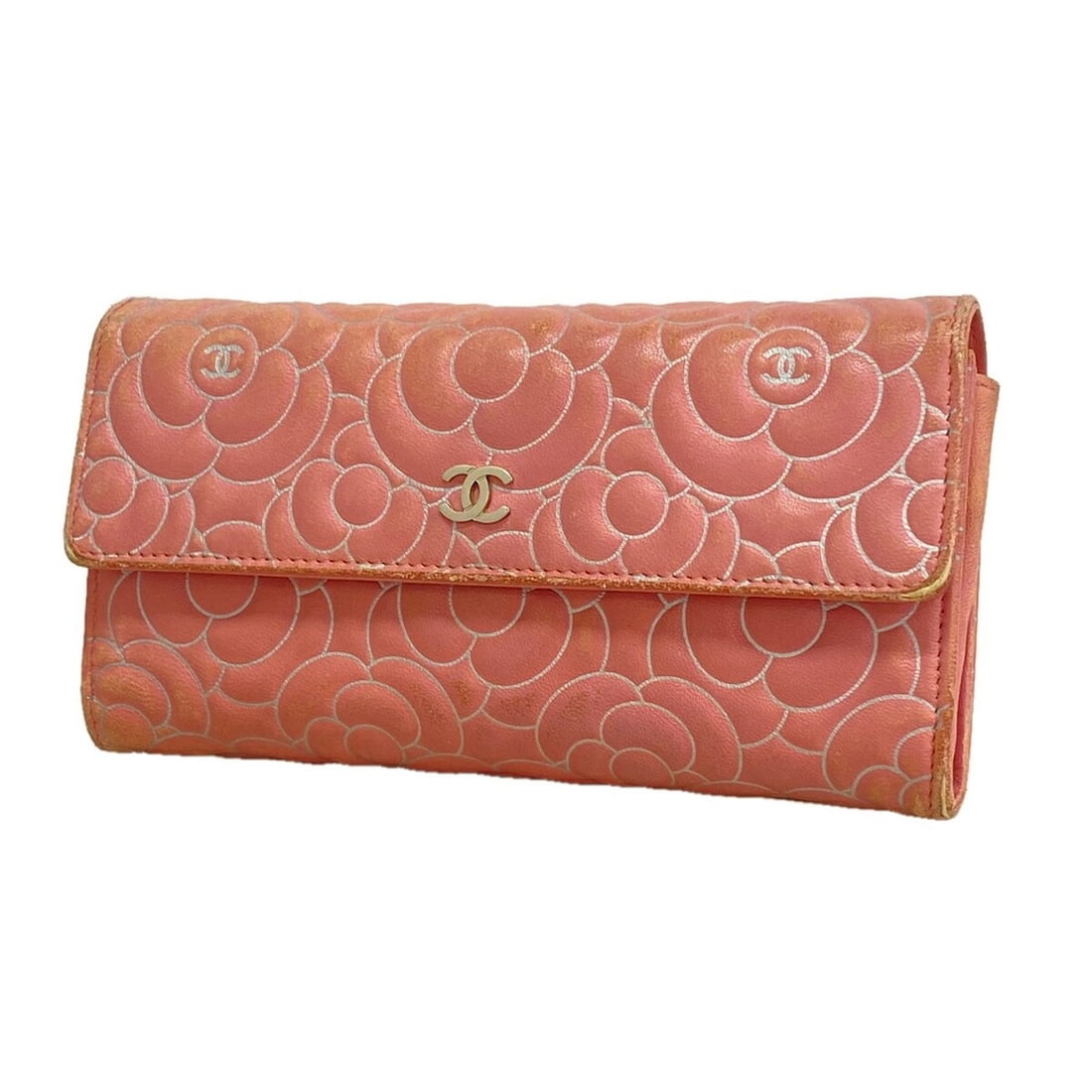 Chanel long wallet, Camellia design, lambskin, pink, women's.: --- Catalog ---Category: SizeSize (HxWxD): 10cm x 19cm x 3cm / 3.93'' x 7.48'' x 1.18''Category: DesignType: Long wallet (bi-fold)Color: PinkGender: WomenMaterial: Leather Leather/Fur Type: LambskinCa