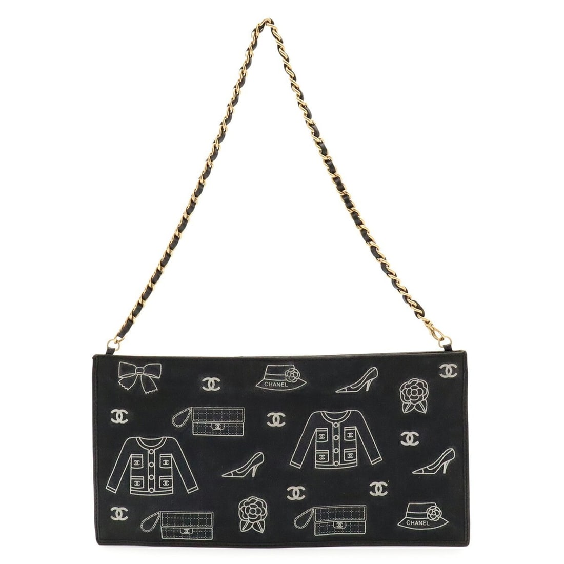 CHANEL Icon Print Chain Shoulder Bag - Canvas Leather Black: --- Catalog ---Category: SizeSize (HxWxD): 13.5cm x 27cm / 5.31'' x 10.62''Category: DesignType: Shoulder bagColor: BlackGender: WomenMaterial: Canvas , Leather Category: GeneralBrand: ChanelCountry o