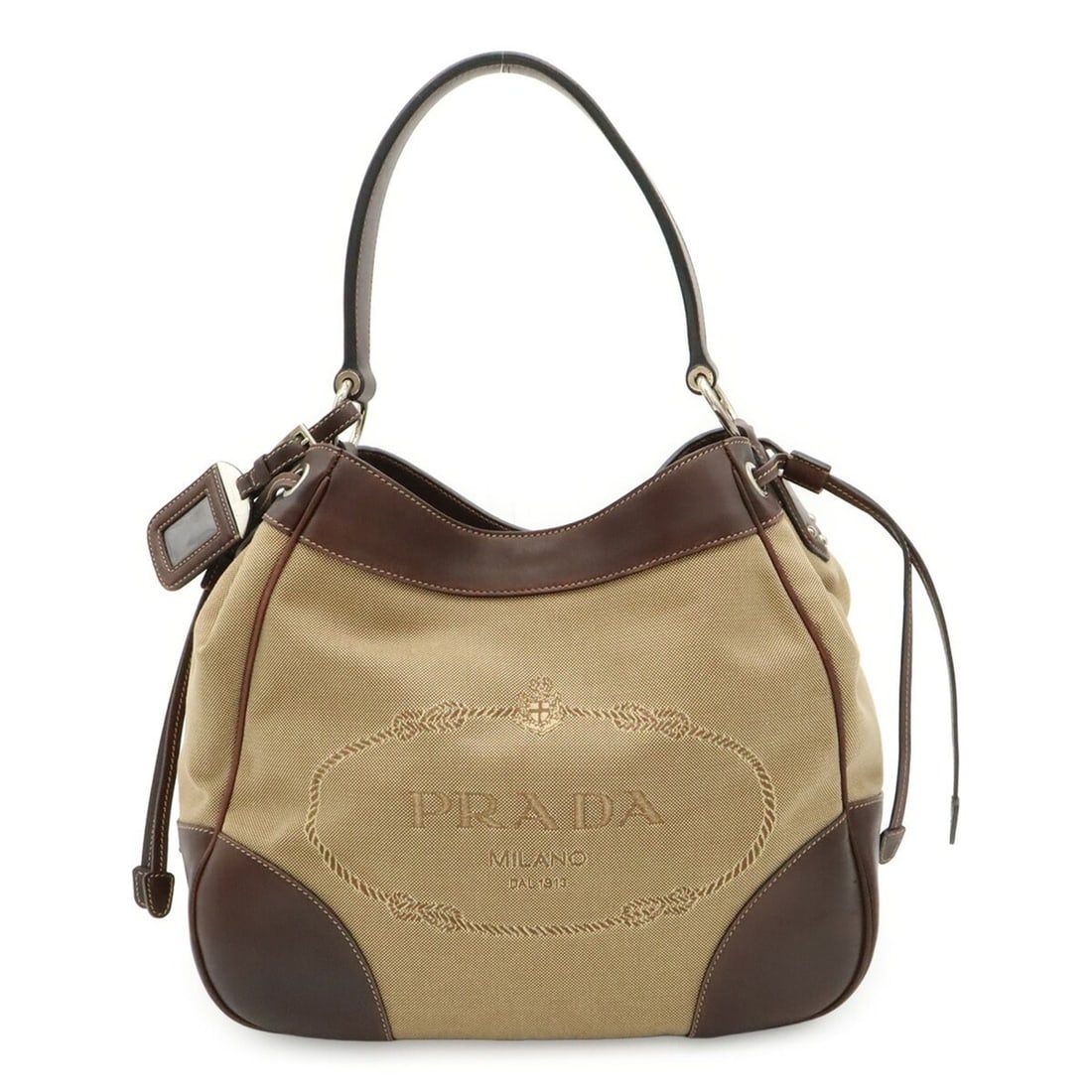 PRADA Jacquard Shoulder Bag, Canvas and Leather, Khaki Beige/Dark Brown, BR3432: --- Catalog ---Category: SizeSize (HxWxD): 26cm x 31cm x 13.5cm / 10.23'' x 12.2'' x 5.31''Category: DesignType: Shoulder bagColor: Beige, Dark brown, KhakiGender: WomenMaterial: Canvas , Leather Cate