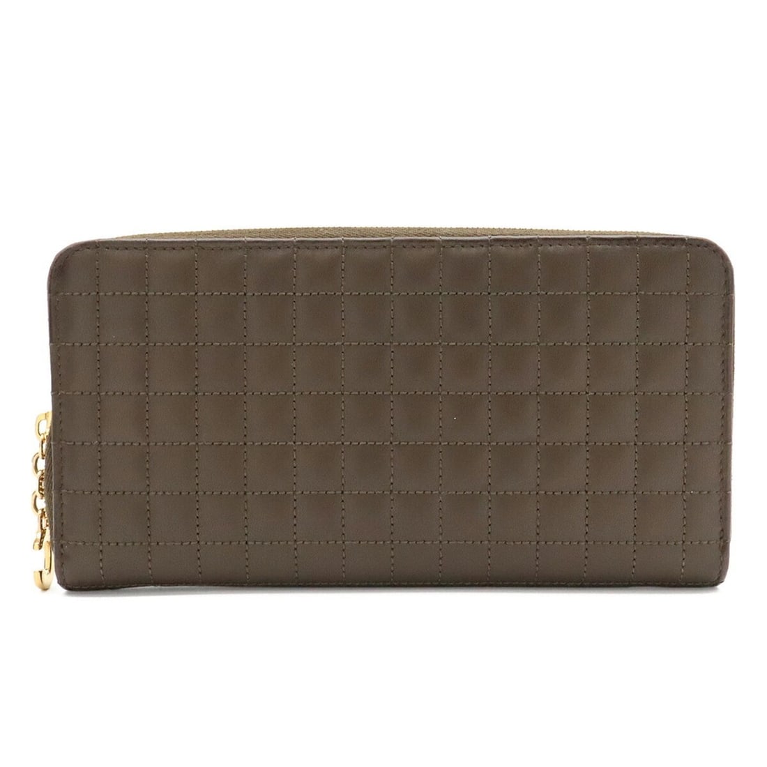 CELINE C-Charm Large Zip Wallet, Round Long Quilted Leather, Dark Olive, 10B559: --- Catalog ---Category: SizeSize (HxWxD): 10cm x 19cm / 3.93'' x 7.48''Category: DesignType: Long wallet (bi-fold)Color: OliveGender: WomenMaterial: Leather Category: GeneralBrand: CelineCountry of O
