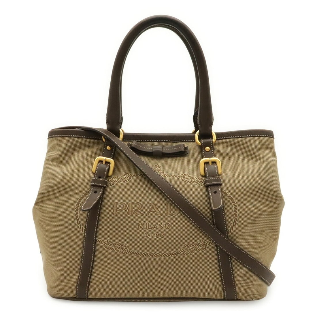 PRADA Jacquard Ribbon Handbag Tote Bag Shoulder Canvas Khaki Beige Mocha Brown BN1841: --- Catalog ---Category: SizeSize (HxWxD): 23cm x 28cm x 17cm / 9.05'' x 11.02'' x 6.69''Category: DesignType: Handbag, Shoulder bag, Tote bagColor: Beige, Brown, KhakiGender: Women,MenMaterial: Canva