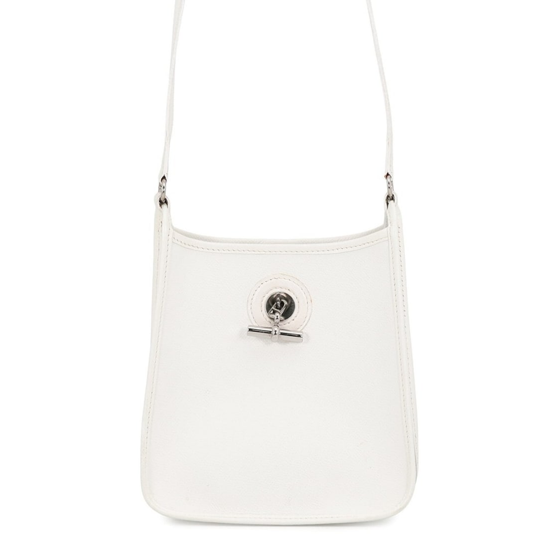 Hermes Shoulder Bag Vespa TPM White Epsom Leather ?H Stamp HERMES Handbag: --- Catalog ---Category: SizeWeight: 200g / 7.05oz.Size (HxWxD): 18cm x 18cm x 5.5cm / 7.08'' x 7.08'' x 2.16''Strap Length: 111cm / 43.7''Category: DesignType: Handbag, Shoulder bagColor: WhiteClosur