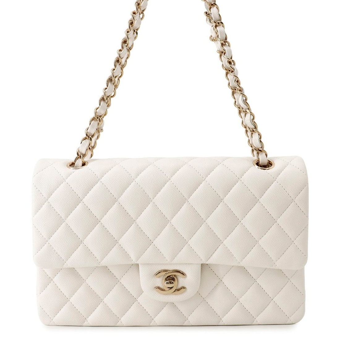 Chanel Chain Shoulder Bag Matelassé 25 Coco Mark Caviar Skin Double A01112 CHANEL White Handbag: --- Catalog ---Category: SizeWeight: 650g / 1.43lb.Size (HxWxD): 15cm x 25cm / 5.9'' x 9.84''Strap Length: 54cm - 89cm / 21.25'' - 35.03''Category: DesignType: Handbag, Shoulder bagColor: WhiteGender: