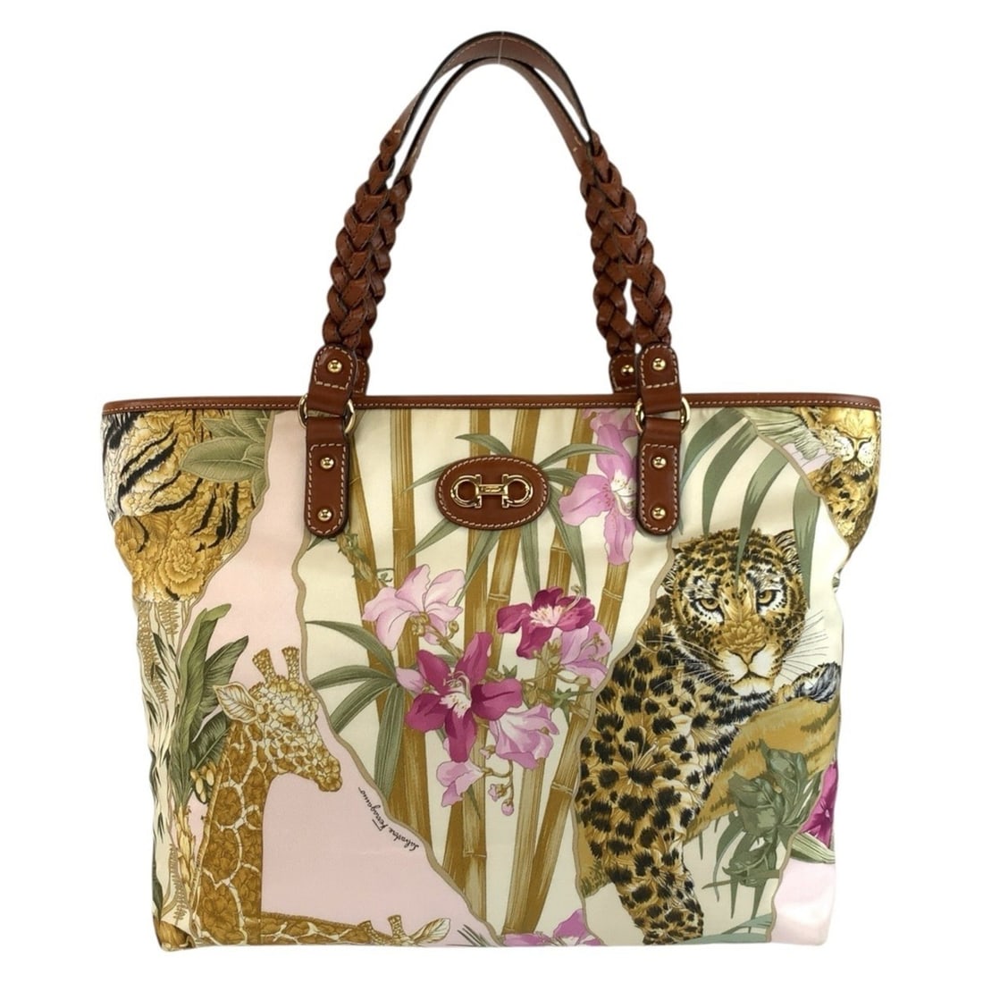 Salvatore Ferragamo Leopard Print Animal Multicolor Brown Gold Hardware Nylon Leather Tote Bag (1 of 15)