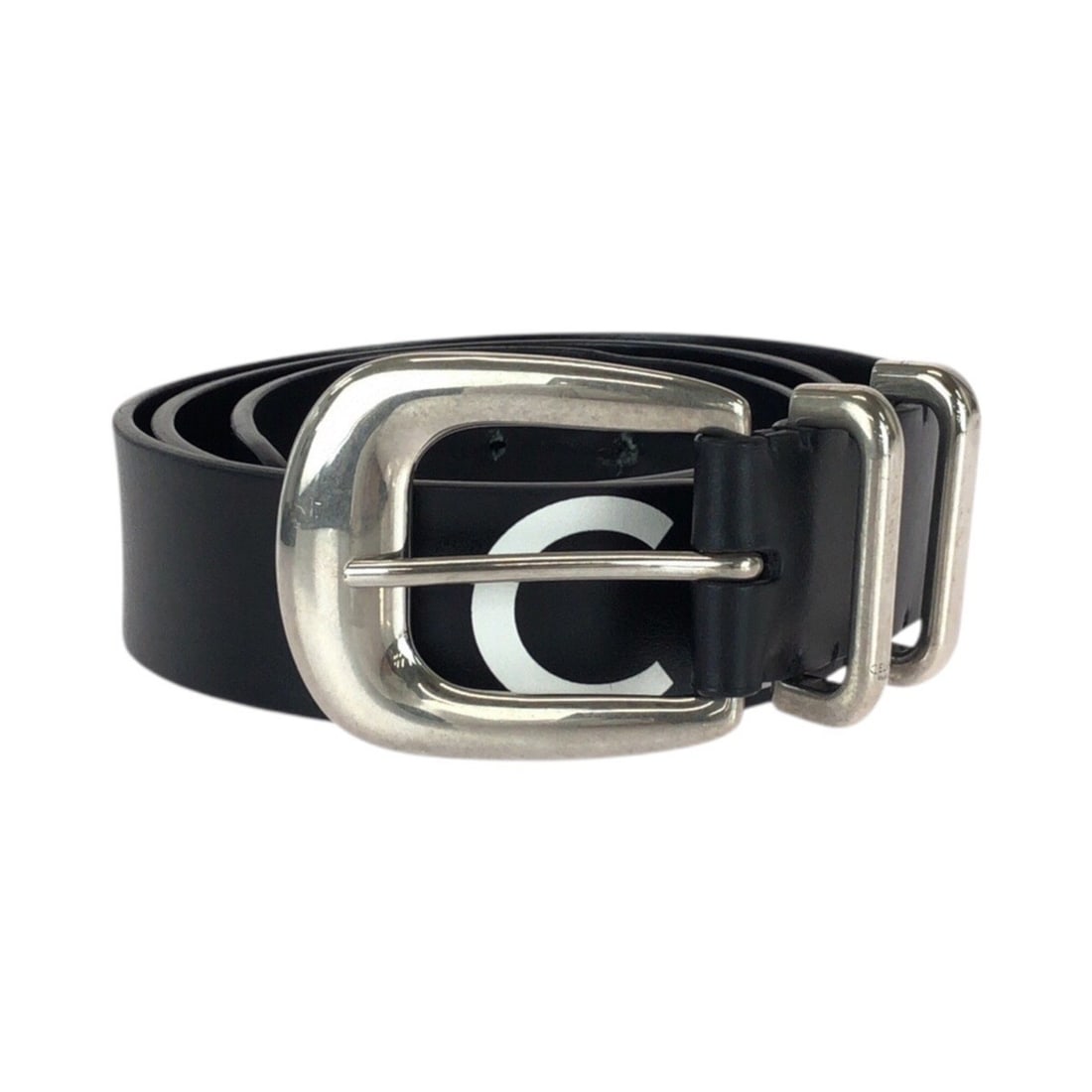 CELINE Western-style belt with logo print, 90cm (35 inches), black and white, silver hardware,: --- Catalog ---Category: SizeLength: 86cm - 96cm / 33.85'' - 37.79''Category: DesignType: Standard beltColor: Black, Silver, WhiteGender: MenMaterial (Strap): Leather Category: GeneralMPN: S-NE-0212Br