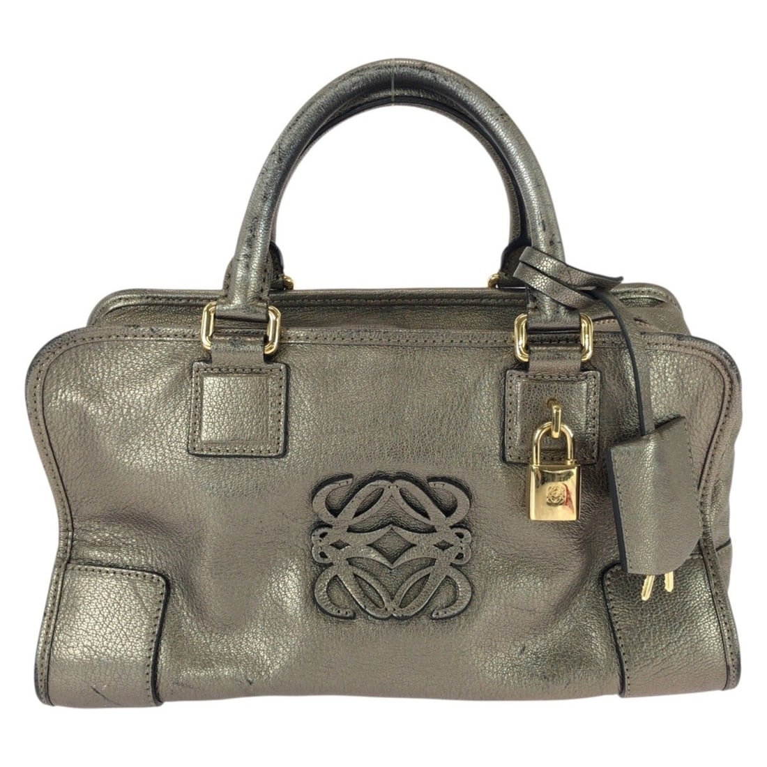 LOEWE Anagram Amazona 28 Gold Silver Leather Handbag Mini Boston Bag for Women: --- Catalog ---Category: SizeSize (HxWxD): 15cm x 27cm x 13cm / 5.9'' x 10.62'' x 5.11''Category: DesignType: HandbagColor: Gold, SilverGender: WomenMaterial: Leather Category: GeneralBrand: LoeweCoun