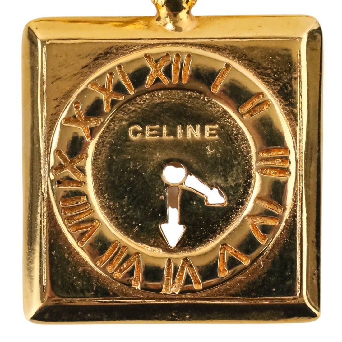 CELINE Vintage Watch Motif Chain Long Necklace, Gold Color, Women's: --- Catalog ---Category: SizePendant Size: 38mm x 38mm / 1.49'' x 1.49''Neck Circumference: 82.5 cm / 32.48''Category: DesignColor: GoldGender: WomenNecklace Type: NecklaceCategory: GeneralBrand: Celi