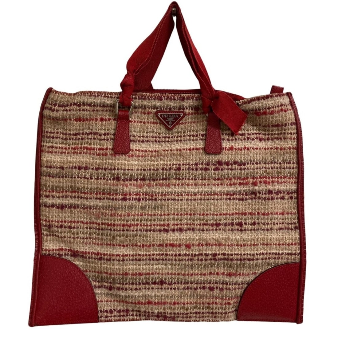 PRADA Triangle Logo Plate Tweed Handbag Red Women's: --- Catalog ---Category: SizeSize (HxWxD): 27cm x 32cm / 10.62'' x 12.59''Category: DesignType: HandbagColor: Red colorGender: WomenMaterial: Tweed Category: GeneralBrand: Prada--- Item List ---Sectio
