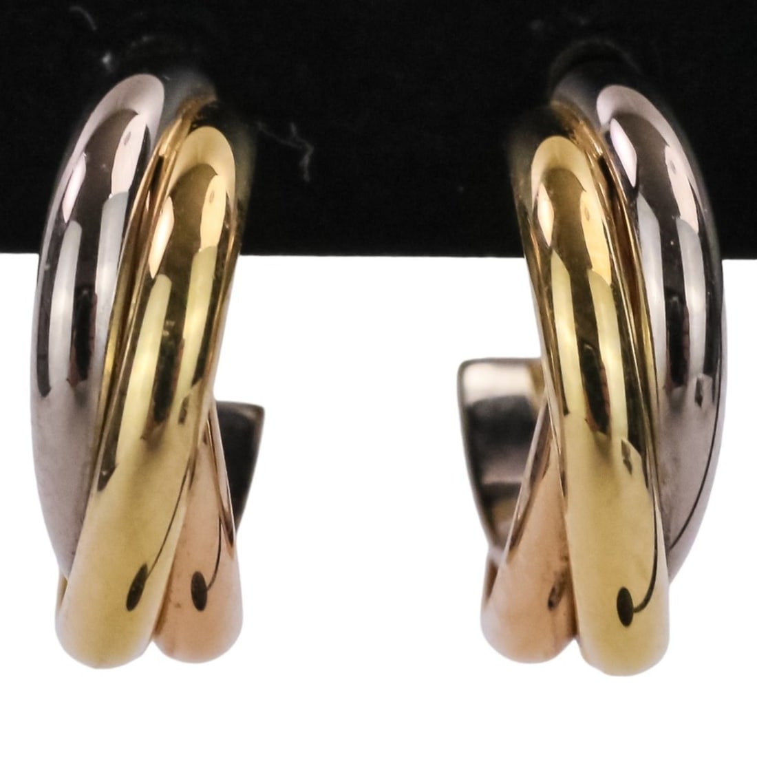 Cartier Trinity Earrings, 750 White Gold, Pink Yellow Women's: --- Catalog ---Category: SizeSize (HxWxD): 1.25mm x 0.40mm / 0.05'' x 0.02''Category: DesignType: Stud earringsColor: Pink gold, White gold, Yellow goldGender: WomenMaterial: Pink gold (18K), White go