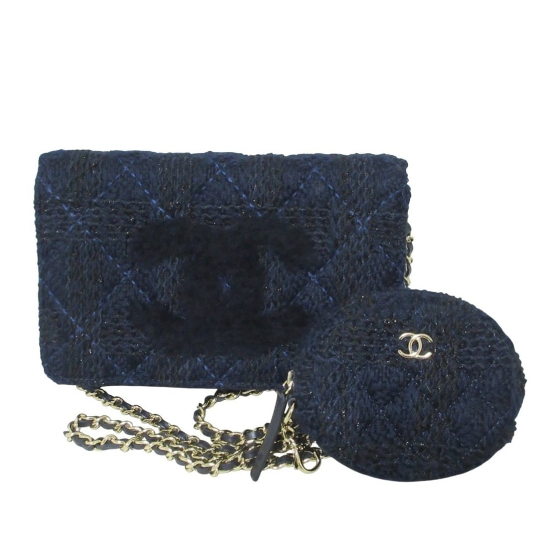 CHANEL Matelassé Coco Mark Handbag with Pouch, Knit Tweed Shoulder Wallet Bag, Navy, Women's: --- Catalog ---Category: SizeSize (HxWxD): 12.5cm x 19.5cm x 4cm / 4.92'' x 7.67'' x 1.57''Category: DesignType: Handbag, PouchColor: NavyGender: WomenMaterial: Tweed Category: GeneralLine: MatelasseB