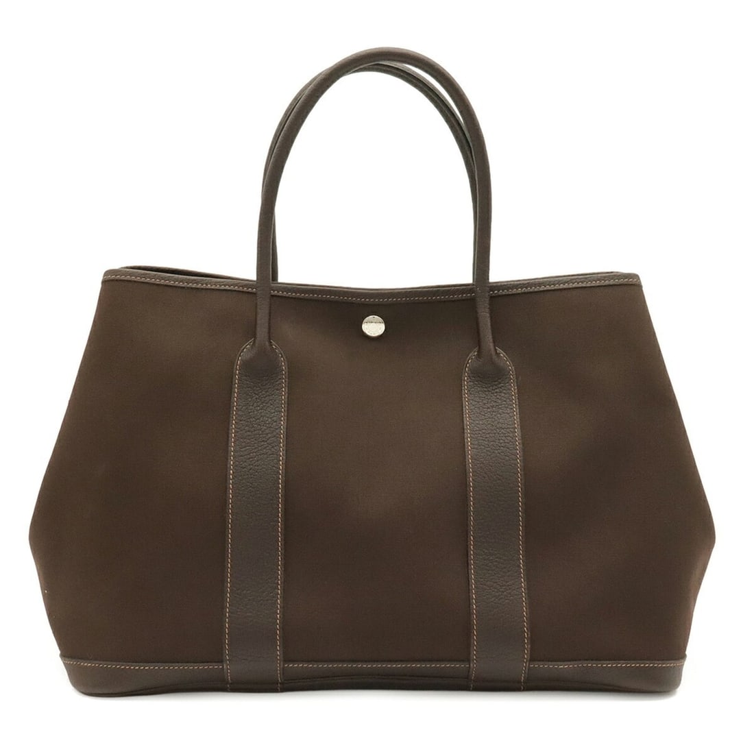 HERMES Garden PM Tote Bag, Handbag, Shoulder Toile Officier Leather, Dark Brown, ?H Stamp: --- Catalog ---Category: SizeSize (HxWxD): 26cm x 36cm x 17.5cm / 10.23'' x 14.17'' x 6.88''Category: DesignType: Handbag, Shoulder bag, Tote bagColor: Dark brownGender: WomenMaterial: Toile officier 