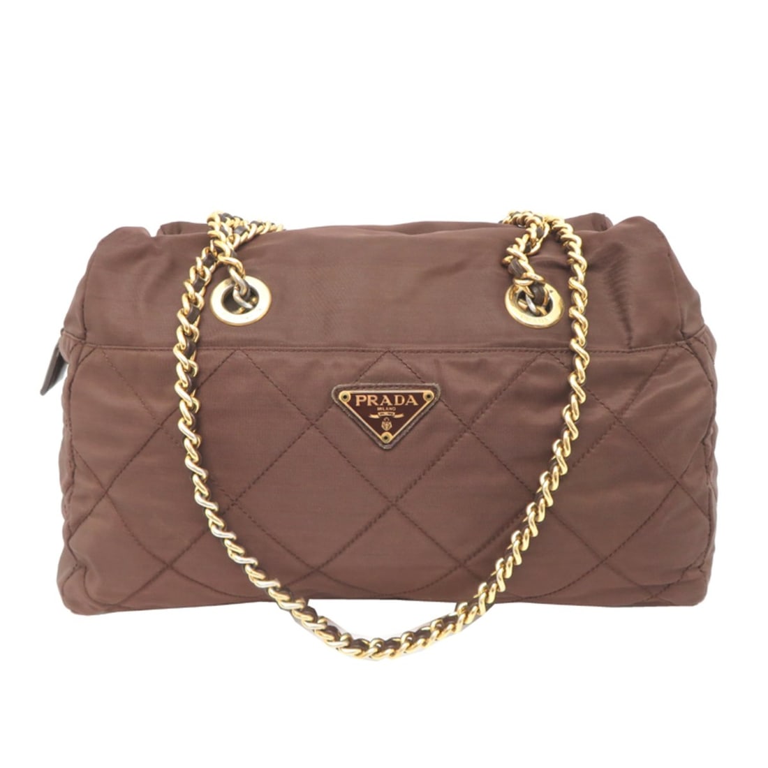 Prada Quilted Chain Tote Bag for Women, Nylon, Brown: --- Catalog ---Category: SizeSize (HxWxD): 22cm x 3cm x 6cm / 8.66'' x 1.18'' x 2.36''Category: DesignType: Tote bagColor: BrownGender: WomenMaterial: Nylon Category: GeneralBrand: PradaCountry of Ori