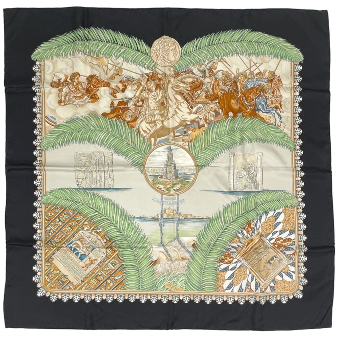 Hermes Carre 90 GLOIRE d'ALEXANDRE Scarf/Muffler, "Alexander's Glory," Silk, Black Multicolor,: --- Catalog ---Category: SizeSize (LxW): 90cm x 89cm / 35.43'' x 35.03''Category: DesignType: ScarfColor: Black, Multi-colorGender: WomenMaterial: Silk Category: GeneralBrand: Hermes--- Item List ---S