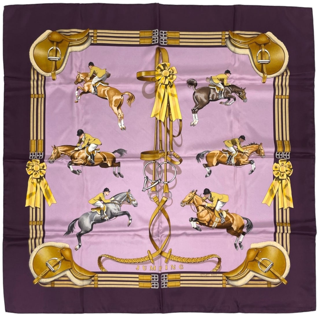 Hermes HERMES Carre 90 JUMPING Scarf Muffler Equestrian Saddle Silk Purple Multicolor Women's: --- Catalog ---Category: SizeSize (LxW): 91cm x 89cm / 35.82'' x 35.03''Category: DesignType: ScarfColor: Multi-color, PurpleGender: WomenMaterial: Silk Category: GeneralBrand: Hermes--- Item List ---