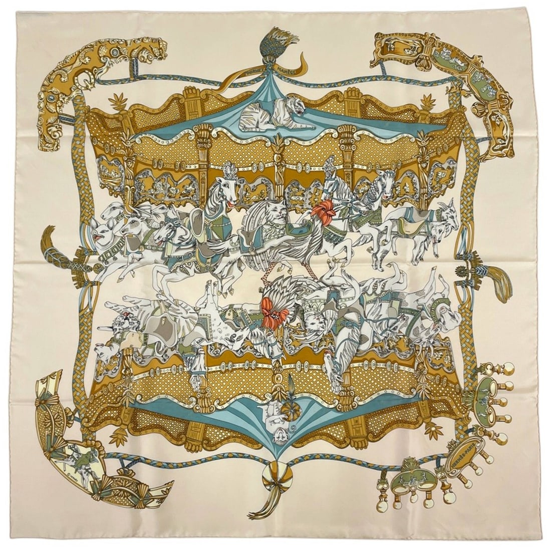 Hermes Carre 90 Tournez Manege Scarf/Muffler, Silk, Beige, Multicolor, Women's (1 of 8)