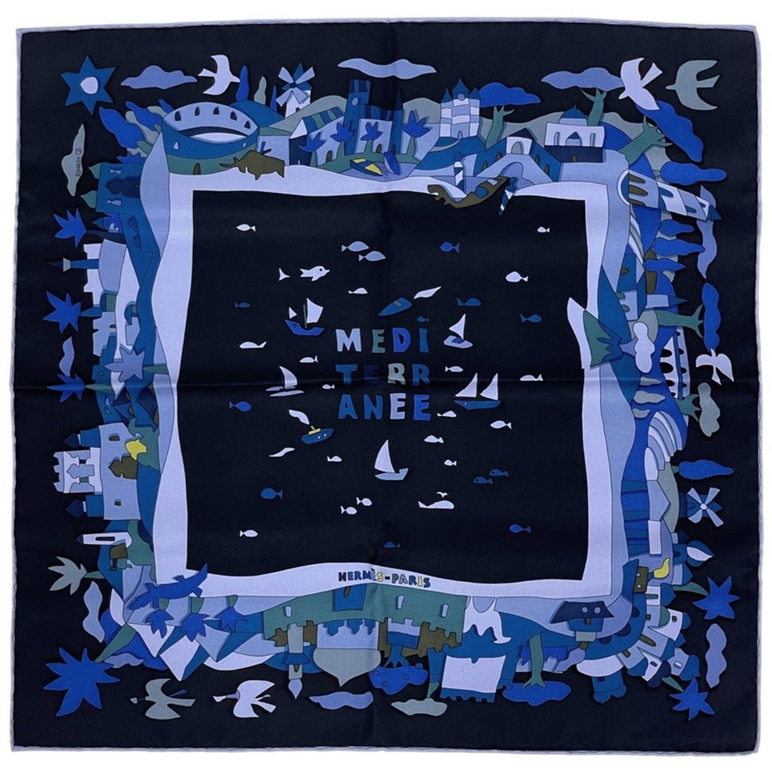 Hermes Petit Carré MEDITERRANEE Scarf/Muffler, Mediterranean Silk, Black/Blue, Women's: --- Catalog ---Category: SizeSize (LxW): 43cm x 42cm / 16.92'' x 16.53''Category: DesignType: ScarfColor: Black, BlueGender: WomenMaterial: Silk Category: GeneralBrand: Hermes--- Item List ---Section: