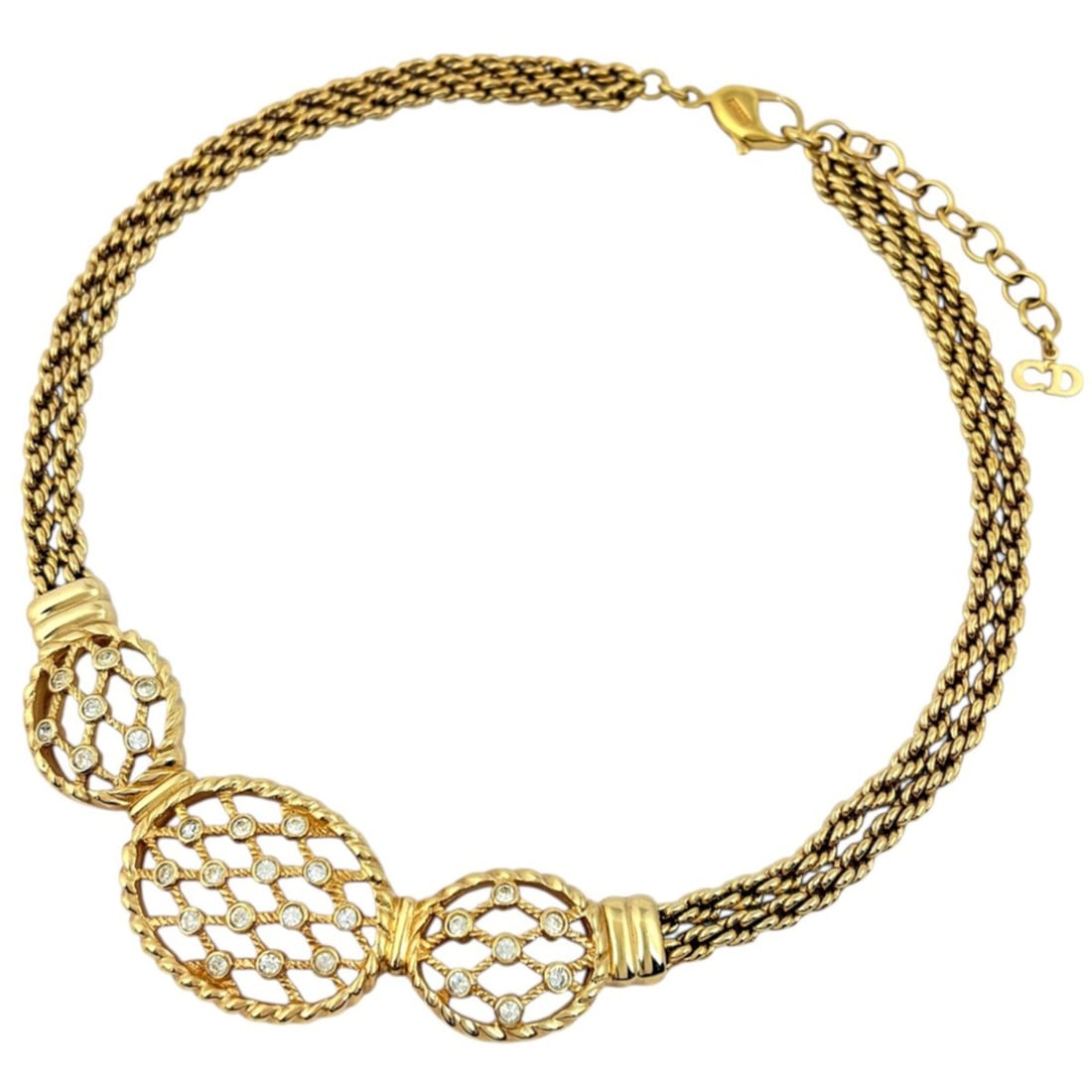 Christian Dior necklace, double strand, gold-plated with rhinestones, for women. (1 of 7)