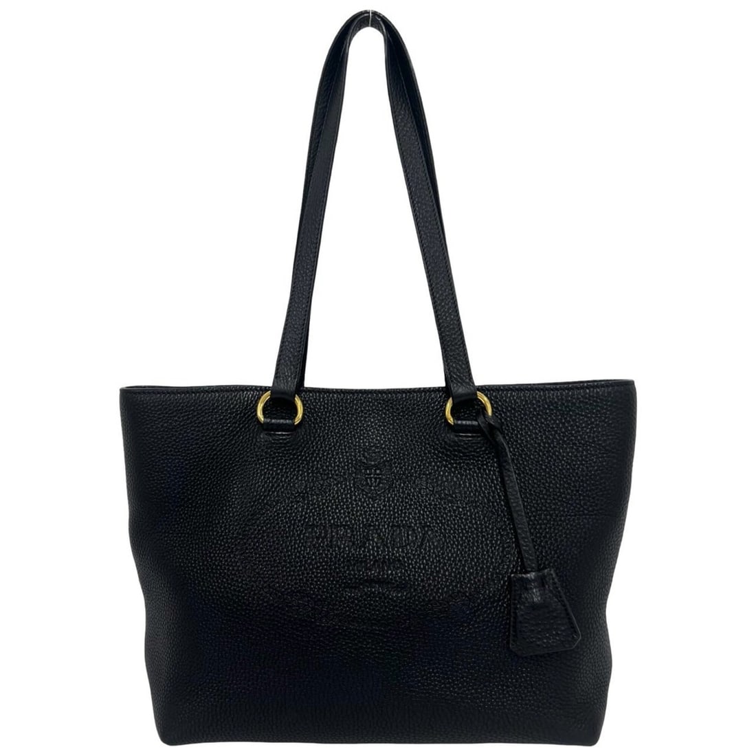 PRADA Embossed Logo Leather Tote Bag, Semi-Shoulder Business A4 Size, Black (gc4-8): --- Catalog ---Category: SizeSize (HxWxD): 25.5cm x 30.5cm x 13cm / 10.03'' x 12'' x 5.11''Category: DesignType: Shoulder bag, Tote bagColor: BlackGender: WomenMaterial: Leather Category: GeneralBrand