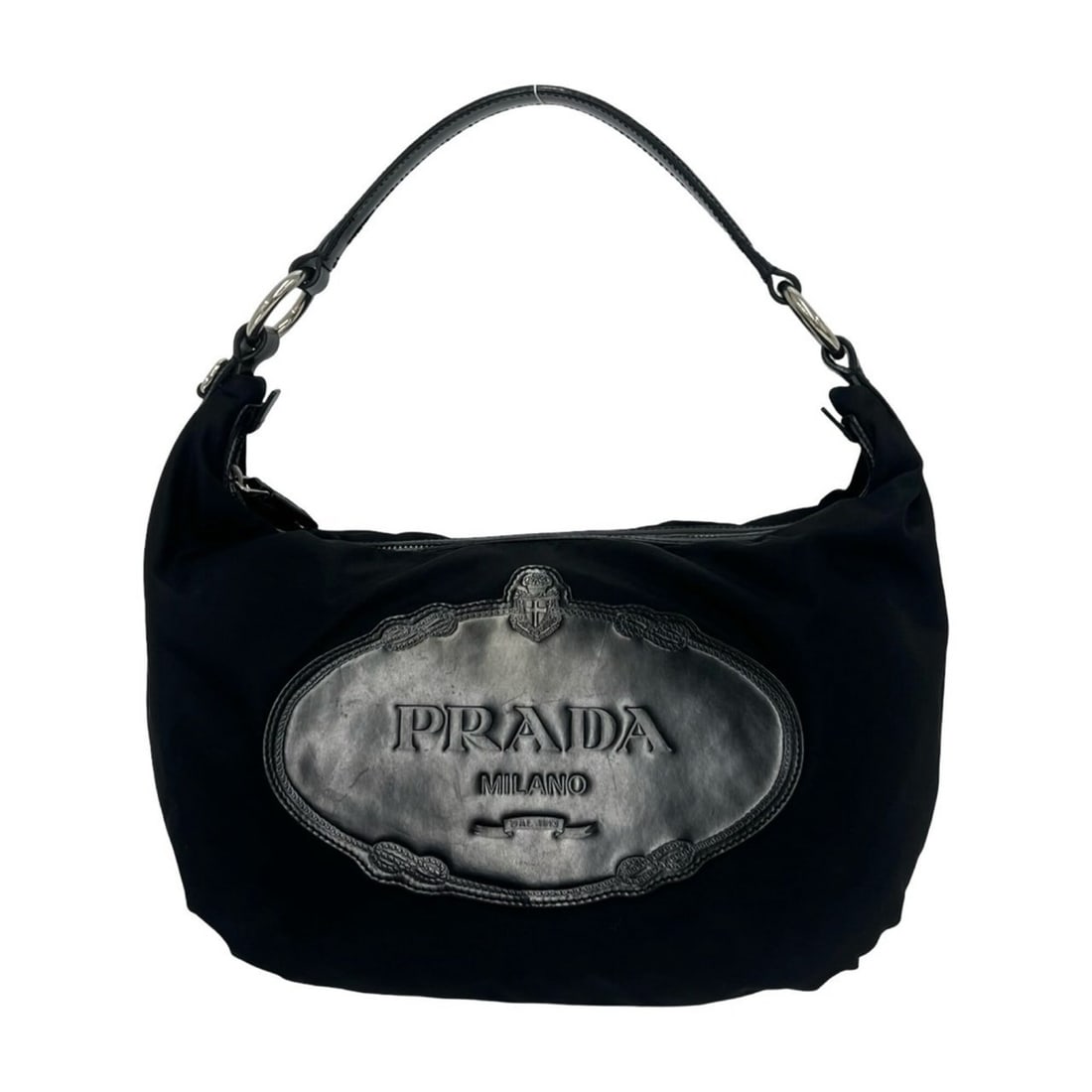 PRADA logo engraved Tessuto Pocono nylon patent leather one-shoulder bag handbag black 902-9: --- Catalog ---Category: SizeSize (HxWxD): 19cm x 34cm x 14cm / 7.48'' x 13.38'' x 5.51''Category: DesignType: Handbag, Shoulder bagColor: BlackGender: WomenMaterial: Nylon , Patent leather Category: 
