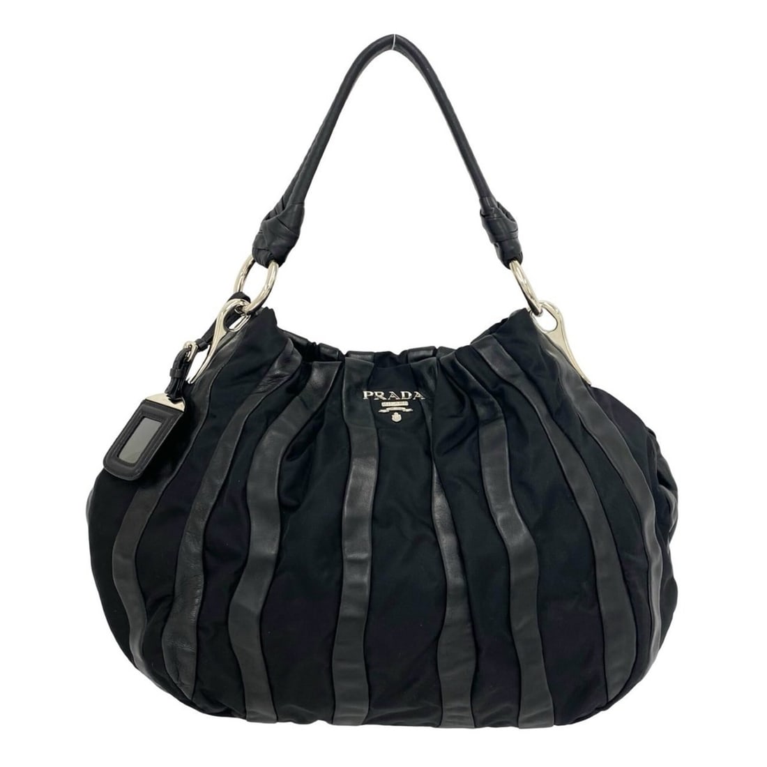 PRADA Prada logo hardware leather genuine Tessuto Pocono nylon semi shoulder bag tote black 41065: --- Catalog ---Category: SizeSize (HxWxD): 27.5cm x 42cm x 10.5cm / 10.82'' x 16.53'' x 4.13''Category: DesignType: Shoulder bag, Tote bagColor: BlackGender: WomenMaterial: Leather , Nylon Category: G