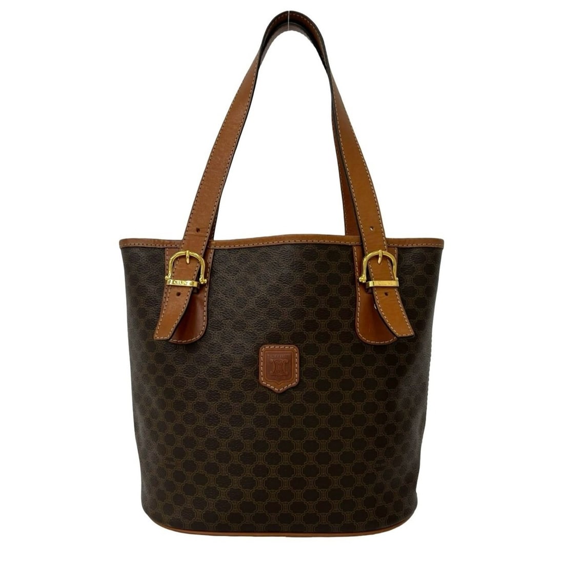 CELINE Vintage Macadam Blazon Leather Tote Bag, Handbag, Semi-Shoulder Brown 84615: --- Catalog ---Category: SizeSize (HxWxD): 24cm x 31cm x 12cm / 9.44'' x 12.2'' x 4.72''Category: DesignType: Handbag, Shoulder bag, Tote bagColor: BrownGender: WomenMaterial: PVC , Leather Category: 