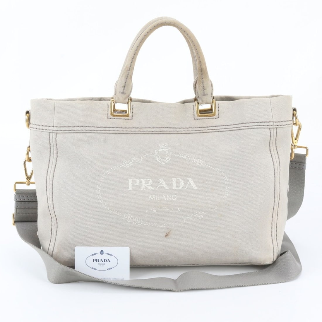 Prada Canapa BN2069 Denim Leather 2-Way Shoulder Bag for Women (with Guarantee Card): --- Catalog ---Category: SizeSize (HxWxD): 26cm x 38cm x 16cm / 10.23'' x 14.96'' x 6.29''Category: DesignType: Shoulder bagColor: GrayishGender: WomenMaterial: Leather , Canvas Category: GeneralMPN: 