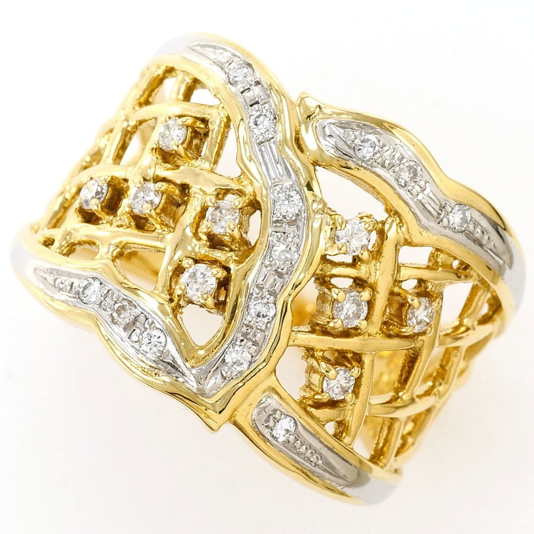 PT900 Platinum 18K Yellow Gold Ring with Diamond (carat mark not stamped), Certificate of: --- Catalog ---Category: SizeWidth: 14mm / 0.55''Weight: 5.2g / 0.18oz.JP Size: 10US Size: 5.5Category: DesignType: Band ringColor: Platinum, Yellow goldStone: DiamondGender: WomenMaterial: Platinum 9