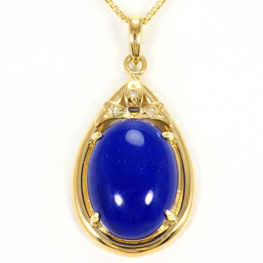 18K (18-karat) Yellow Gold Necklace with Lapis Lazuli and 0.02ct Diamond, Certificate of: --- Catalog ---Category: SizeWeight: 6g / 0.21oz.Pendant Size: 31mm x 15mm / 1.22'' x 0.59''Neck Circumference: 38 cm / 14.96''Category: DesignColor: Yellow goldStone: Diamond, Lapis lazuliGender: Wom