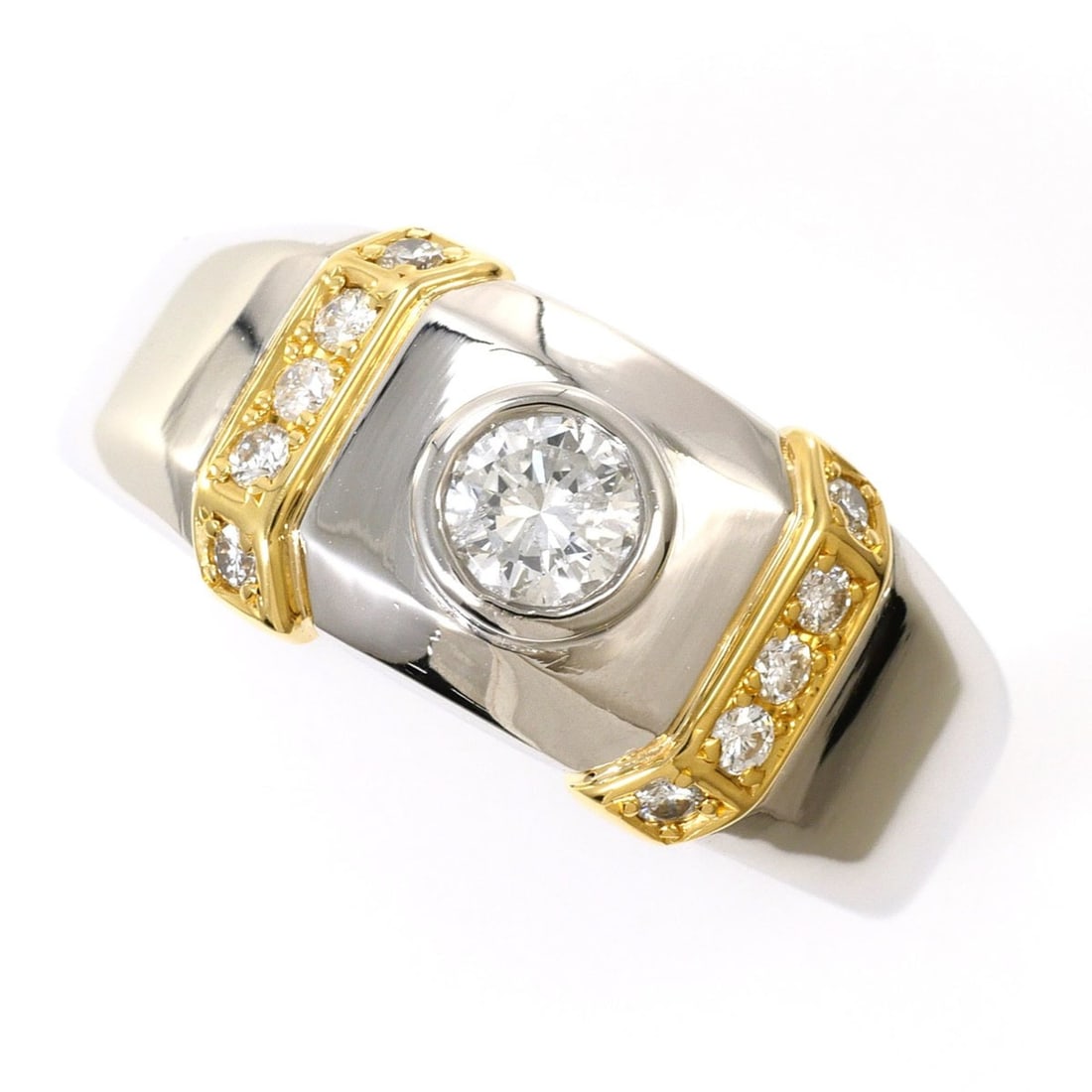 PT900 Platinum 18K Yellow Gold Ring with 0.50ct Diamond (I1 clarity) and Certificate of: --- Catalog ---Category: SizeWidth: 10mm / 0.39''Weight: 15g / 0.52oz.JP Size: 20US Size: 10Category: DesignType: Band ringColor: Platinum, Yellow goldMetal: Gold, PlatinumStone: DiamondGender: WomenM