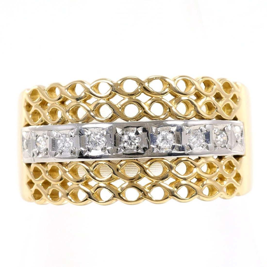 PT900 Platinum 18K Yellow Gold Ring with 0.08ct Diamond, Certificate of Authenticity, Total Weight: --- Catalog ---Category: SizeWidth: 10mm / 0.39''Weight: 5.2g / 0.18oz.JP Size: 13US Size: 6.5Category: DesignType: Band ringColor: Platinum, Yellow goldMetal: Gold, PlatinumStone: DiamondGender: Wome