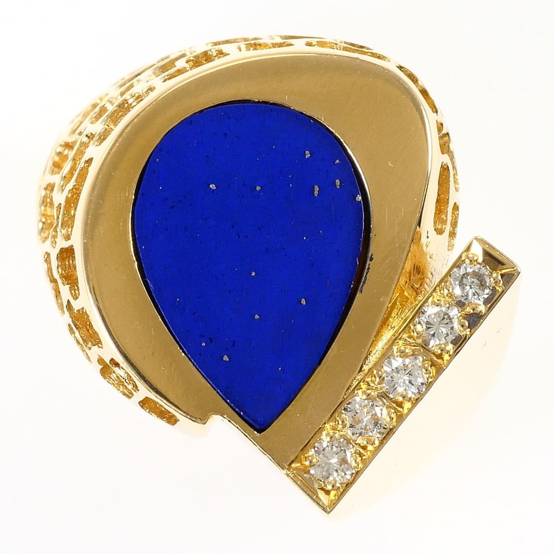 18K (18-karat) Yellow Gold Ring with Lapis Lazuli and Diamond (carat weight not stamped). Includes: --- Catalog ---Category: SizeWidth: 16mm / 0.63''Weight: 5.6g / 0.19oz.JP Size: 10.5US Size: 5.5Category: DesignType: Band ringColor: Yellow goldMetal: GoldStone: Diamond, Lapis lazuliGender: WomenMat
