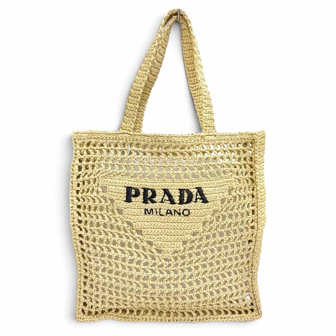 PRADA 1BG393 Triangle Logo Raffia Crochet Tote Bag, Shoulder Bag Compatible, Natural, Made in Italy,: --- Catalog ---Category: SizeSize (HxWxD): 37cm x 35cm x 4cm / 14.56'' x 13.77'' x 1.57''Category: DesignType: Tote bagGender: WomenMaterial: Raffia Category: GeneralMPN: 1BG393Brand: PradaCountry of 