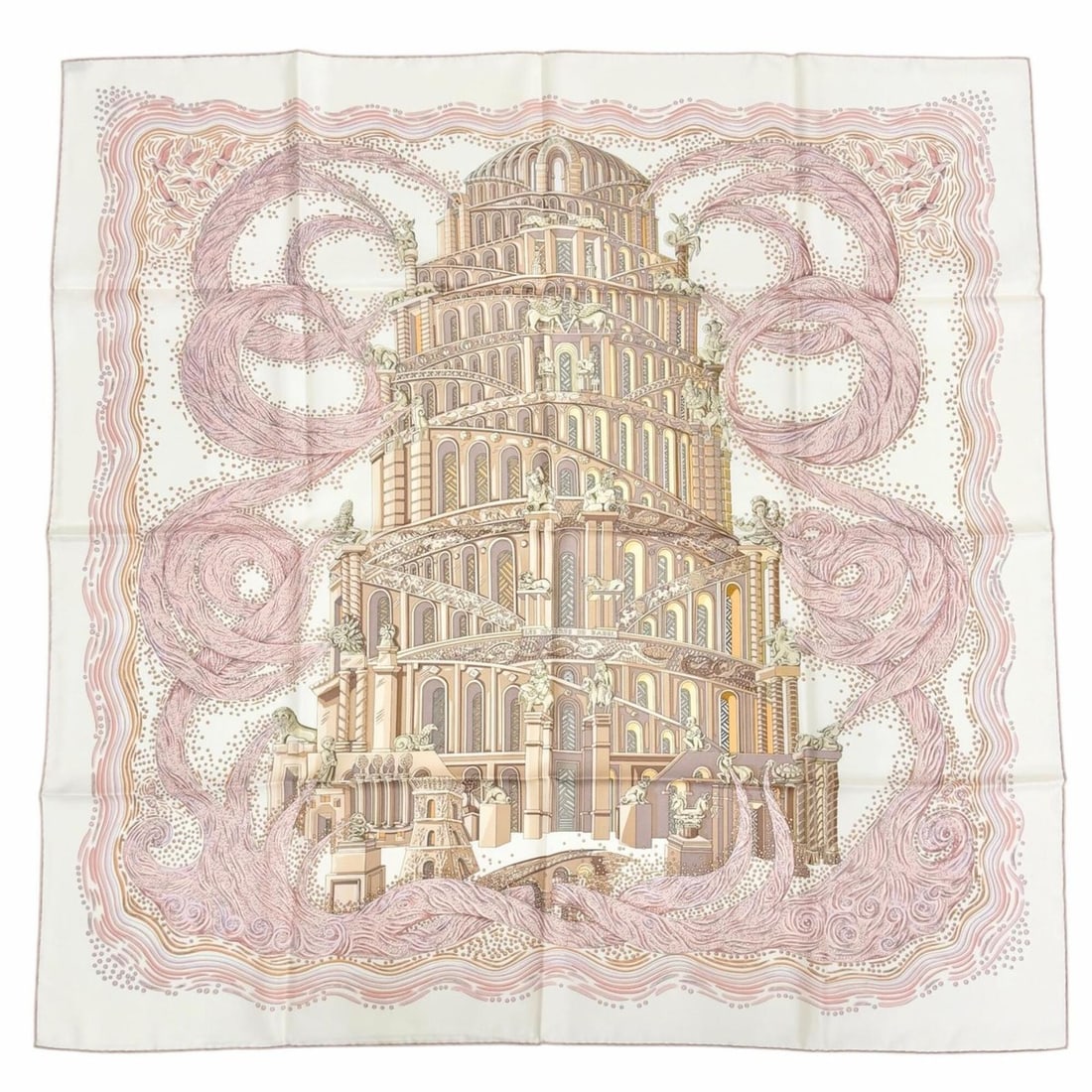 HERMES Les Rivieres de Babel (Rivers of Babel) 100% Silk Scarf/Muffler, Pink, Made in France, (1 of 10)