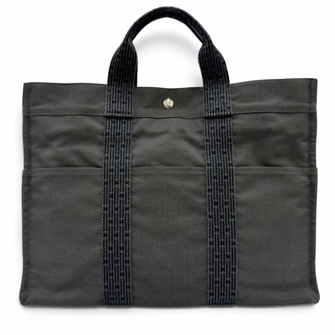 HERMES Herline MM canvas tote bag/handbag in gray, made France, with silver hardware, Sellier clasp, (1 of 12)