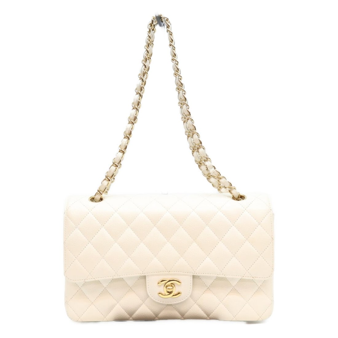 CHANEL A01112 Caviar Leather Matelassé 25 Classic Flap Shoulder Bag, White with Gold Hardware, (1 of 15)