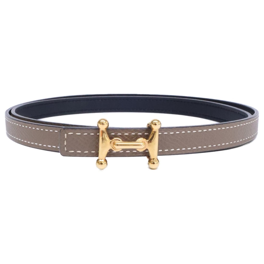 HERMES (Hermes) Y-stamp Mole H Mini Buckle Black Etoupe Belt with Gold Hardware - Women's (1 of 10)