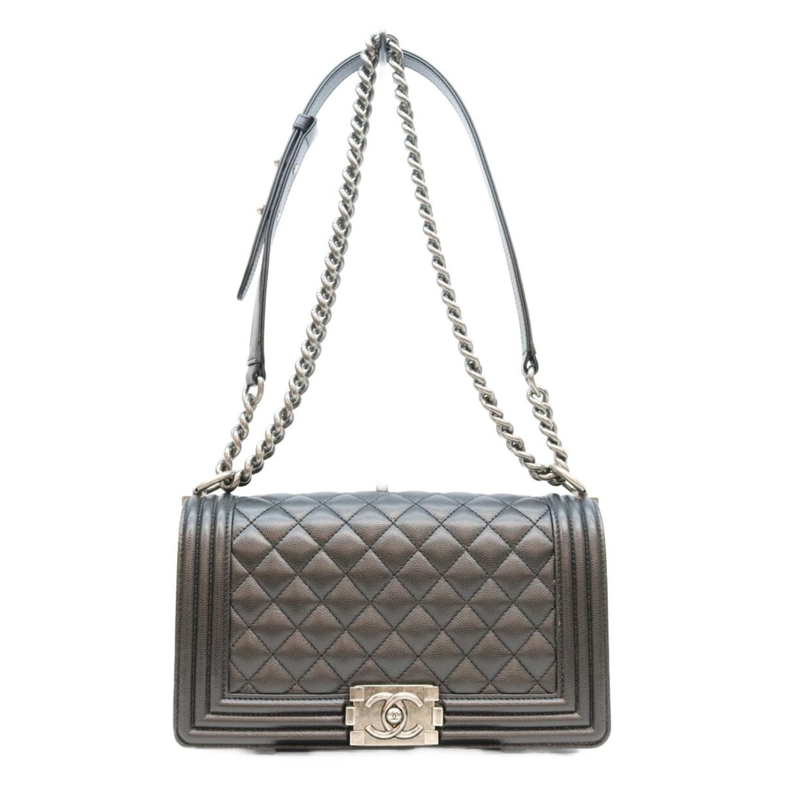 CHANEL A67086 Caviar Boy Chanel 25 Medium Chain Shoulder Bag, Black with Silver Hardware, Men's: --- Catalog ---Category: SizeSize (HxWxD): 14.5cm x 25cm x 8cm / 5.7'' x 9.84'' x 3.14''Category: DesignType: Shoulder bagColor: BlackGender: MenMaterial: Grained Calfskin Hardware Color: SilverCatego