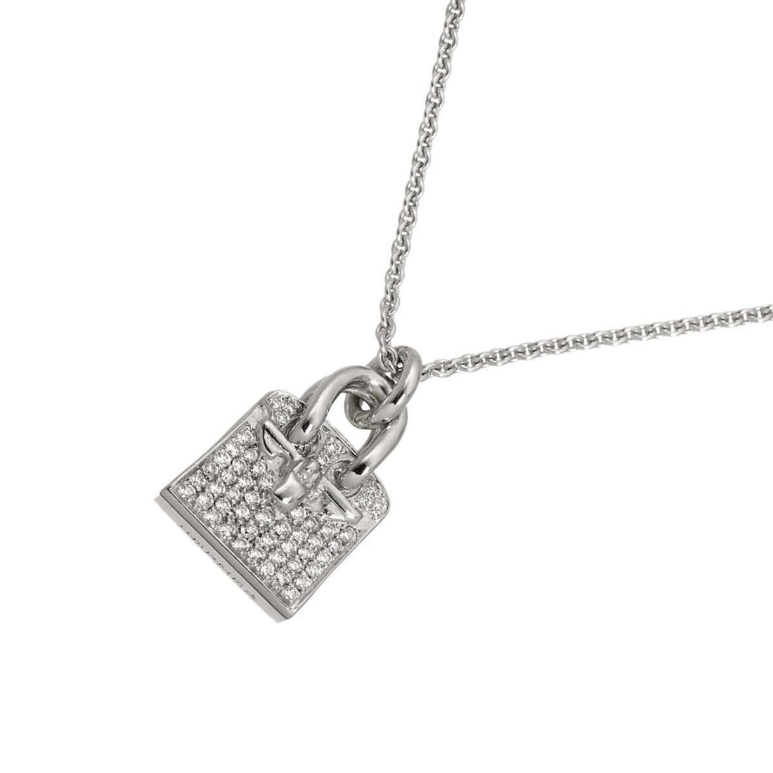 Hermes Amulette Birkin Diamond Necklace 40cm 18K WG White Gold 750: --- Catalog ---Category: SizePendant Size: 16.1mm x 11.3mm / 0.63'' x 0.44''Neck Circumference: 40 cm / 15.74''Category: DesignMaterial: White gold (18K)Necklace Type: NecklaceCategory: GeneralBrand: 
