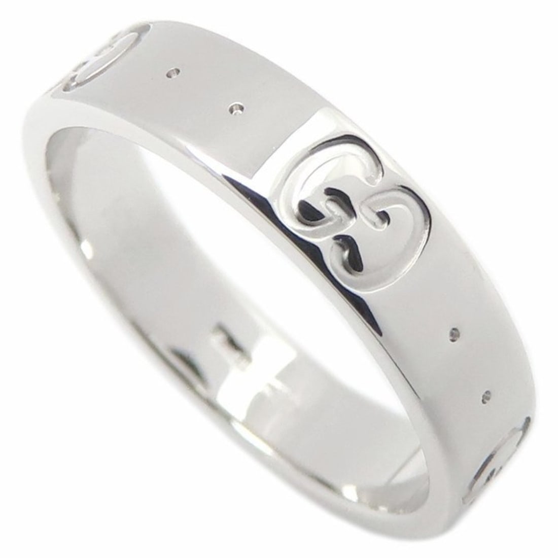 GUCCI Icon Ring, Size #9, 18K White Gold, Women's, Item Number 295549: --- Catalog ---Category: SizeWidth: 3.9mm / 0.15''Weight: 3.4g / 0.11oz.JP Size: 8.5US Size: 4.5Category: DesignType: Band ringGender: WomenMaterial: White gold (18K)Category: GeneralLine: IconBrand: