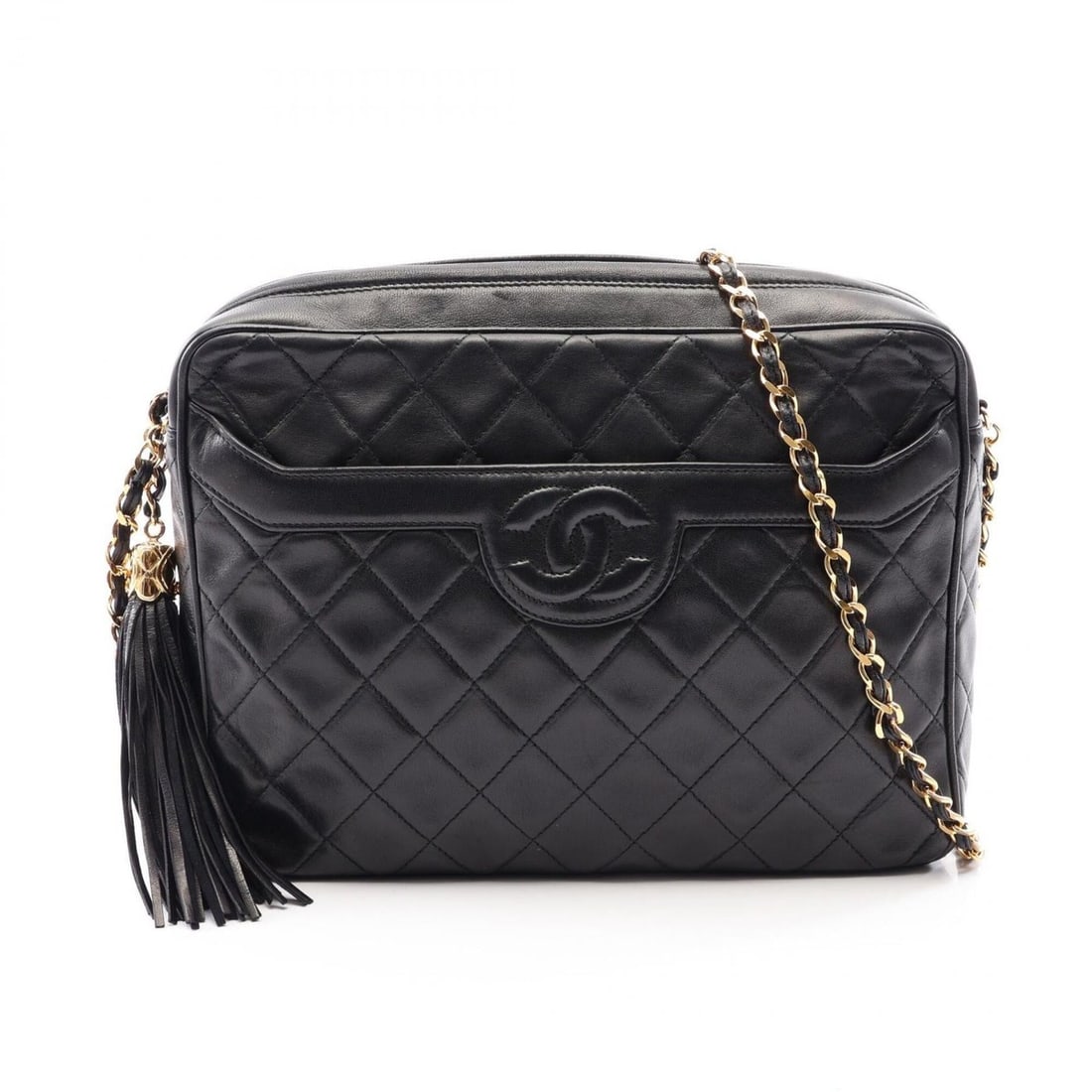Chanel Matelassé Tassel Shoulder Bag/Handbag, Lambskin Leather, Women's, Black: --- Catalog ---Category: SizeSize (HxWxD): 20cm x 26cm x 7cm / 7.87'' x 10.23'' x 2.75''Category: DesignType: Handbag, Shoulder bagColor: BlackGender: WomenMaterial: Leather Leather/Fur Type: Lambskin