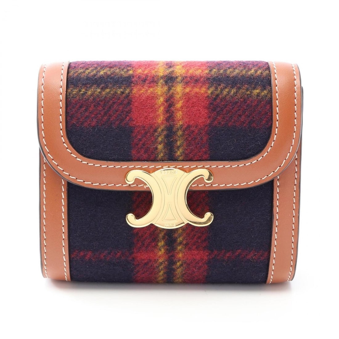 Celine Triomphe Tartan Check Small Flap Wallet, Tri-fold Wool Leather, Women's,: --- Catalog ---Category: SizeSize (HxWxD): 9cm x 10.5cm x 3cm / 3.54'' x 4.13'' x 1.18''Category: DesignType: Wallet (tri-fold)Color: Brown, Multi-color, NavyGender: WomenMaterial: Wool , Leather Cate