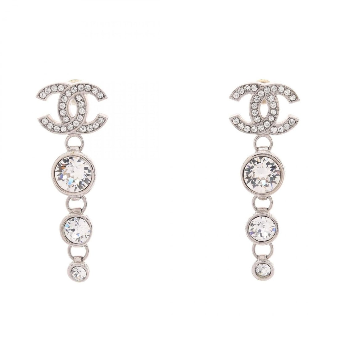 Chanel B23S Coco Mark Earrings, Metal, Rhinestone, Women's, Silver/Clear Tones (1 of 16)