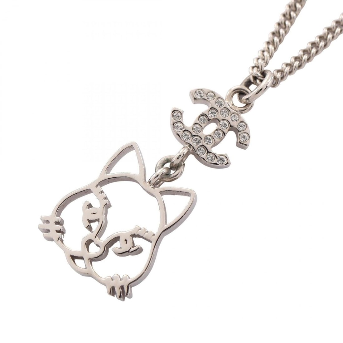 Chanel B16K Coco Mark Cat Necklace, Metal Rhinestone Jewelry, Women's, Silver/Clear Tones: --- Catalog ---Category: SizeNeck Circumference: 40.5 cm - 59.5 cm / 15.94'' - 23.42''Category: DesignColor: Clear, SilverStone: RhinestoneGender: WomenMaterial: Metal, RhinestoneNecklace Type: Neckla