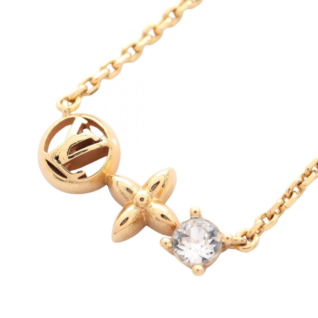 Louis Vuitton Petit Necklace Jewelry GP (Gold Plated) Rhinestone Women's Gold/Clear MO0368: --- Catalog ---Category: SizePendant Size: 7mm x 16mm / 0.27'' x 0.62''Neck Circumference: 37 cm - 42 cm / 14.56'' - 16.53''Category: DesignColor: Clear, GoldGender: WomenMaterial: Gold plating, Rhine