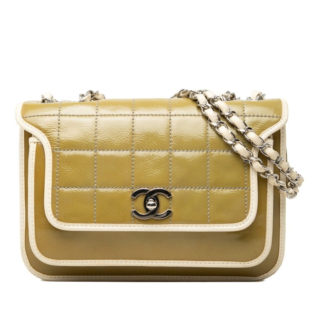 Chanel Coco Mark Chocolate Bar Chain Shoulder Bag, Green Enamel Leather, Women's CHANEL: --- Catalog ---Category: SizeSize (HxWxD): 17cm x 23.5cm x 6cm / 6.69'' x 9.25'' x 2.36''Category: DesignType: Shoulder bagColor: GreenGender: WomenMaterial: Leather Category: GeneralBrand: Chanel--- 