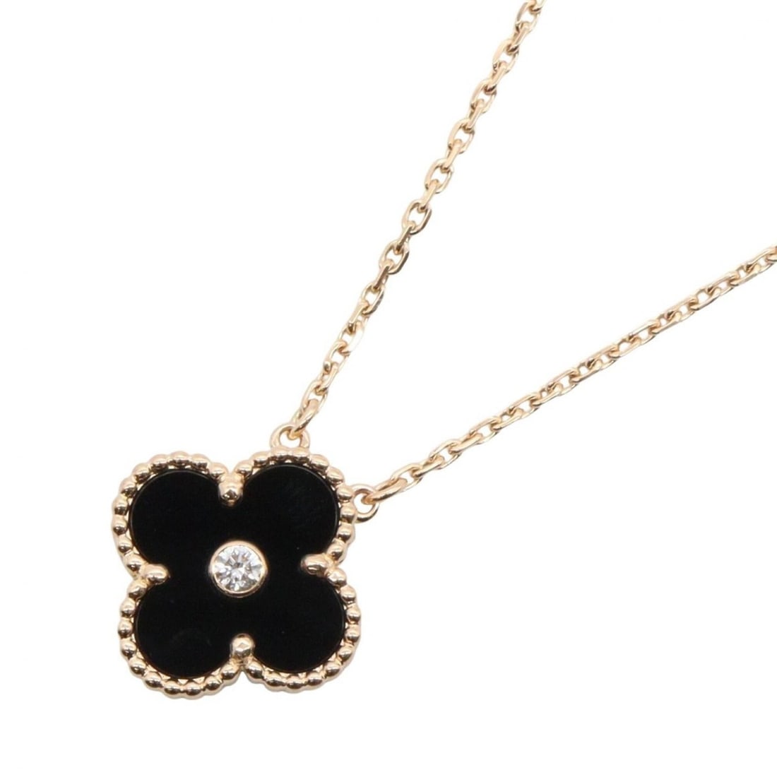Van Cleef & Arpels Vintage Alhambra Onyx 1PD Necklace - 18KPG (Pink Gold) Diamond Women's Gold Tone: --- Catalog ---Category: SizePendant Size: 15mm x 15mm / 0.59'' x 0.59''Neck Circumference: 37 cm - 41.5 cm / 14.56'' - 16.33''Category: DesignColor: Black, Clear, GoldGender: WomenMaterial: Pink gold