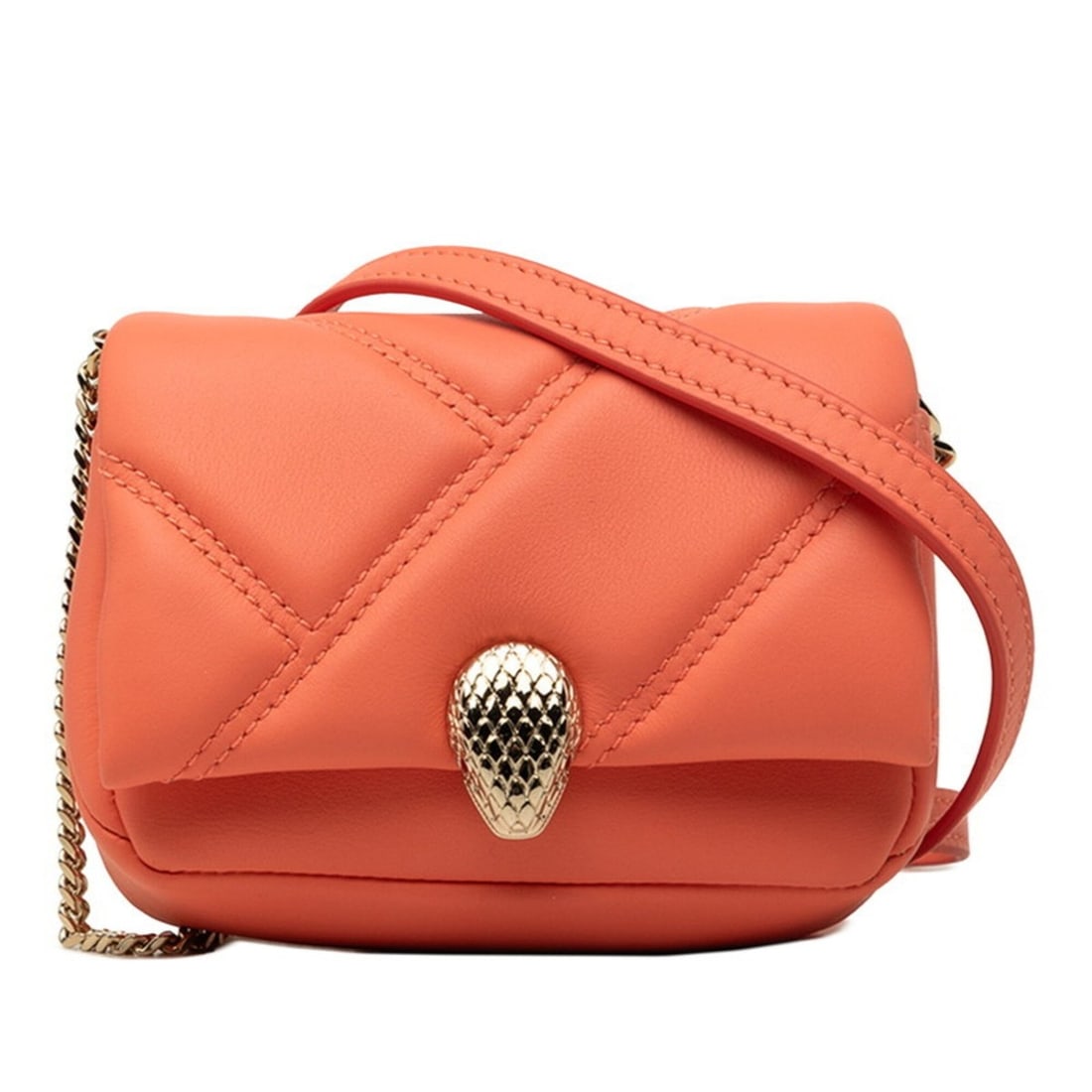 BVLGARI Serpenti Cabochon Micro Bag, Crossbody Chain Shoulder Pouch, Coral Orange Leather, Women's.: --- Catalog ---Category: SizeStrap Drop: 49.5cm / 19.48''Size (HxWxD): 9cm x 12cm x 4cm / 3.54'' x 4.72'' x 1.57''Category: DesignType: Pochette, Shoulder bagColor: Coral orangeGender: WomenClosure: M