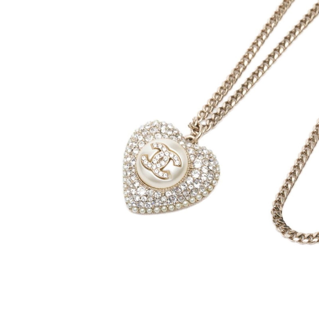 Chanel Coco Mark Heart Motif Chain Pendant Necklace, C22B Engraving, Silver, White Metal Rhinestone,: --- Catalog ---Category: SizePendant Size: 27.1mm x 23.6mm / 1.06'' x 0.92''Neck Circumference: 45 cm / 17.71''Category: DesignColor: Silver, WhiteGender: WomenMaterial: Metal, RhinestoneNecklace Type