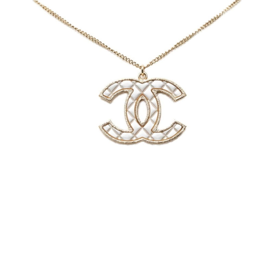Chanel Coco Mark Matelassé Necklace B17V Gold White Plated Women's CHANEL: --- Catalog ---Category: SizePendant Size: 29.6mm x 35.9mm / 1.16'' x 1.41''Neck Circumference: 60 cm / 23.62''Category: DesignColor: Gold, WhiteGender: WomenNecklace Type: NecklaceCategory: GeneralBr